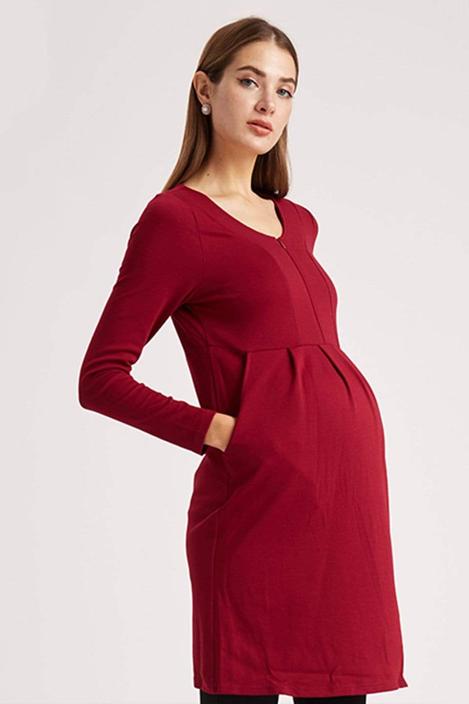 Spring Maternity's Knitted Bente Long Sleeve V-Neck Maternity Dress Nursing Wine Dresses