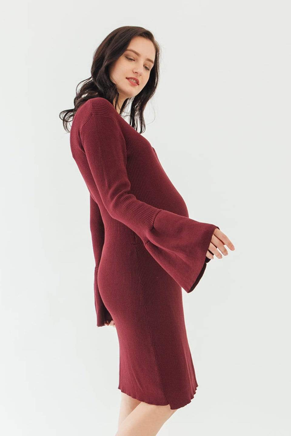 Spring Maternity's Long Flare Sleeves Dessa Sweater Maternity Dress Wine Dresses