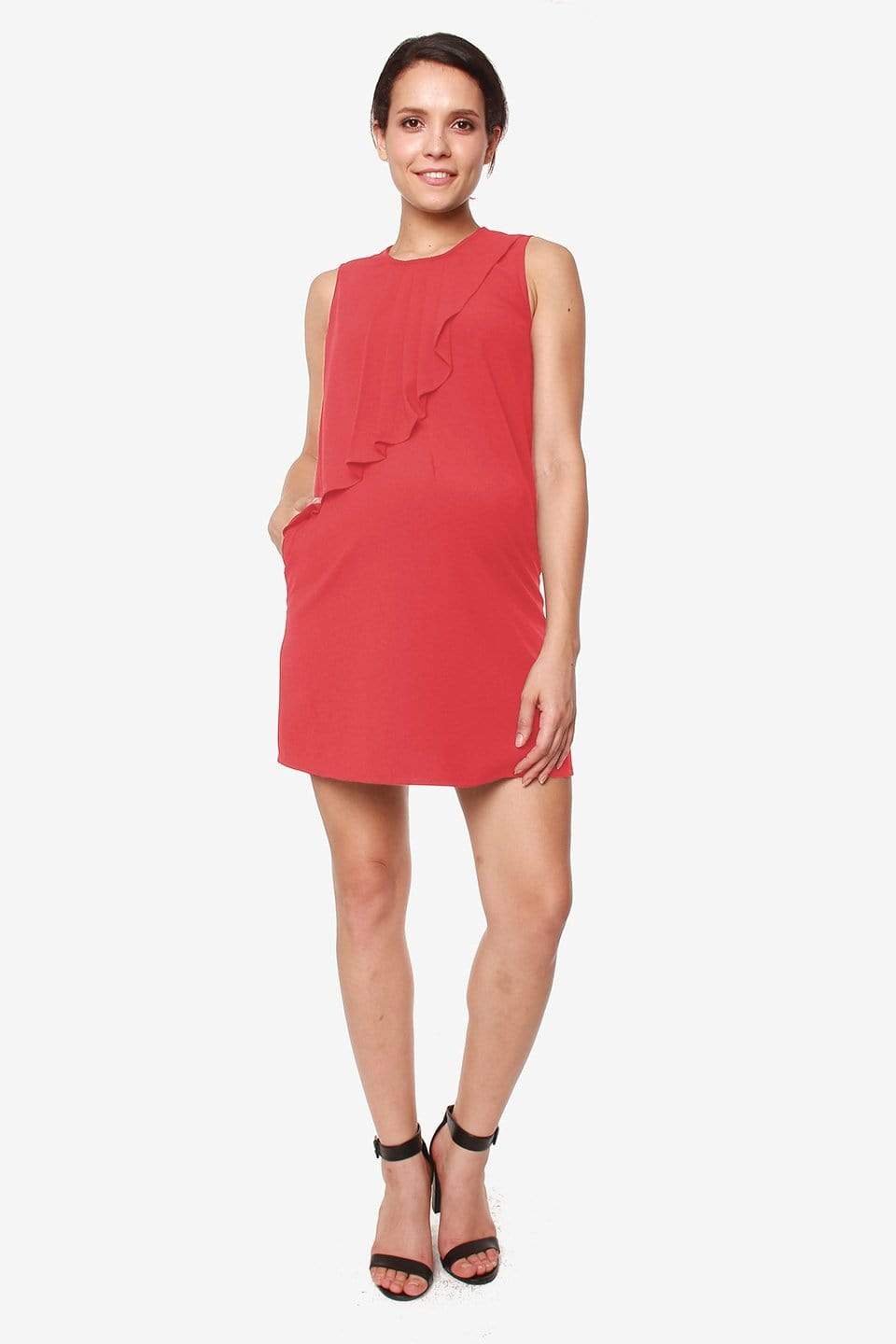 Spring Maternity's Sleeveless Cory Pleated Nursing Dress Crimson Red Dresses