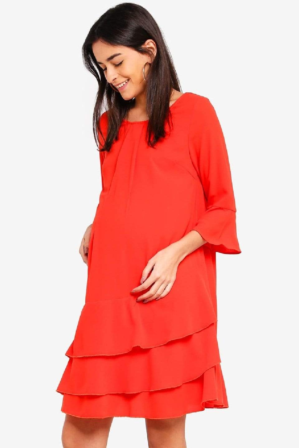 Spring Maternity's Long Sleeves Christana Tier Nursing Dress Coral Red Dresses