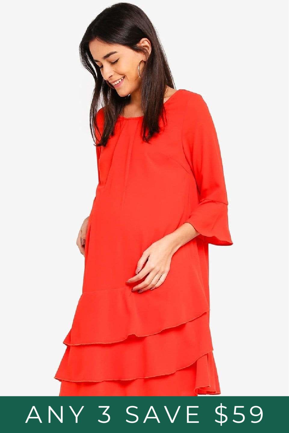 Spring Maternity's Long Sleeves Christana Tier Nursing Dress Coral Red Dresses