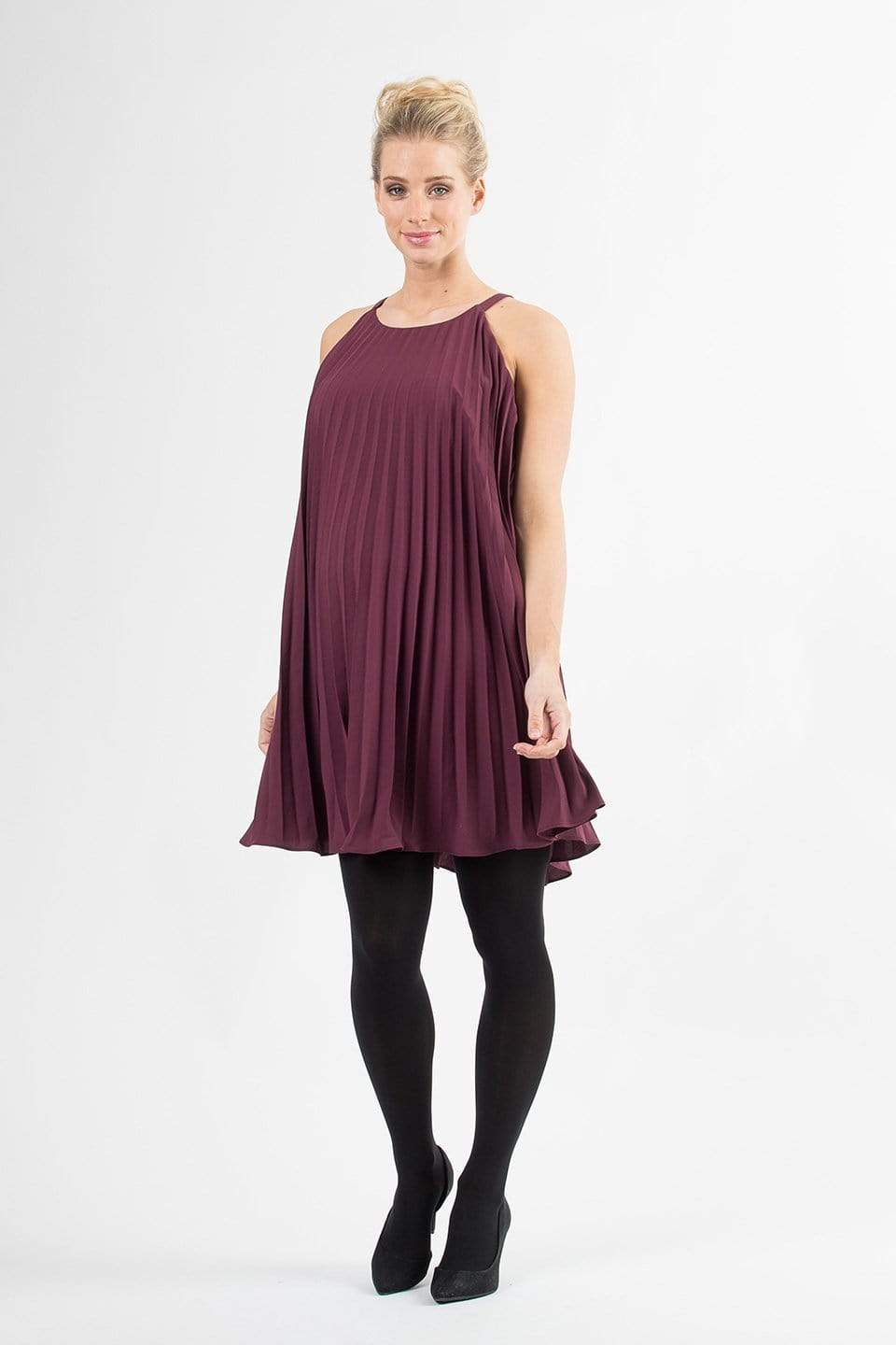 BOVE's Halter Neck Brenna Pleats Nursing Dress Maroon Dresses