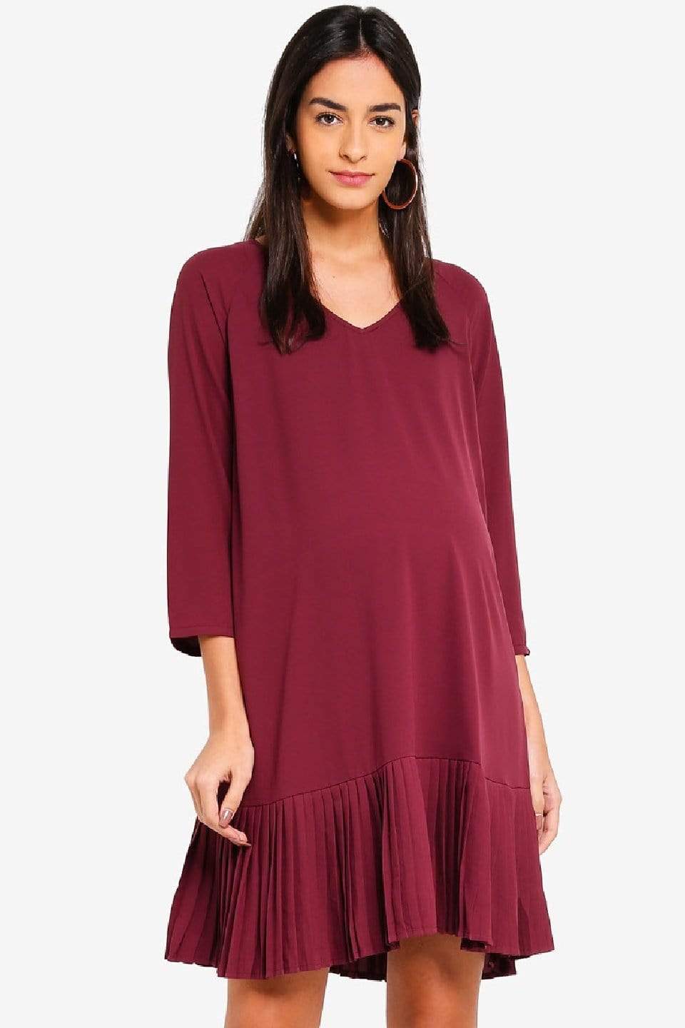 BOVE's Long Sleeves Brett Pleated Hem Nursing Dress Maroon Dresses