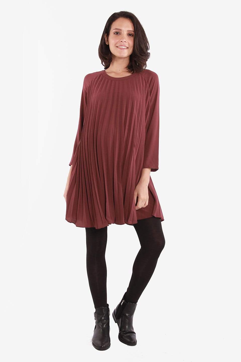 BOVE's Long Sleeves Brenna Pleats Nursing Dress Maroon Dresses