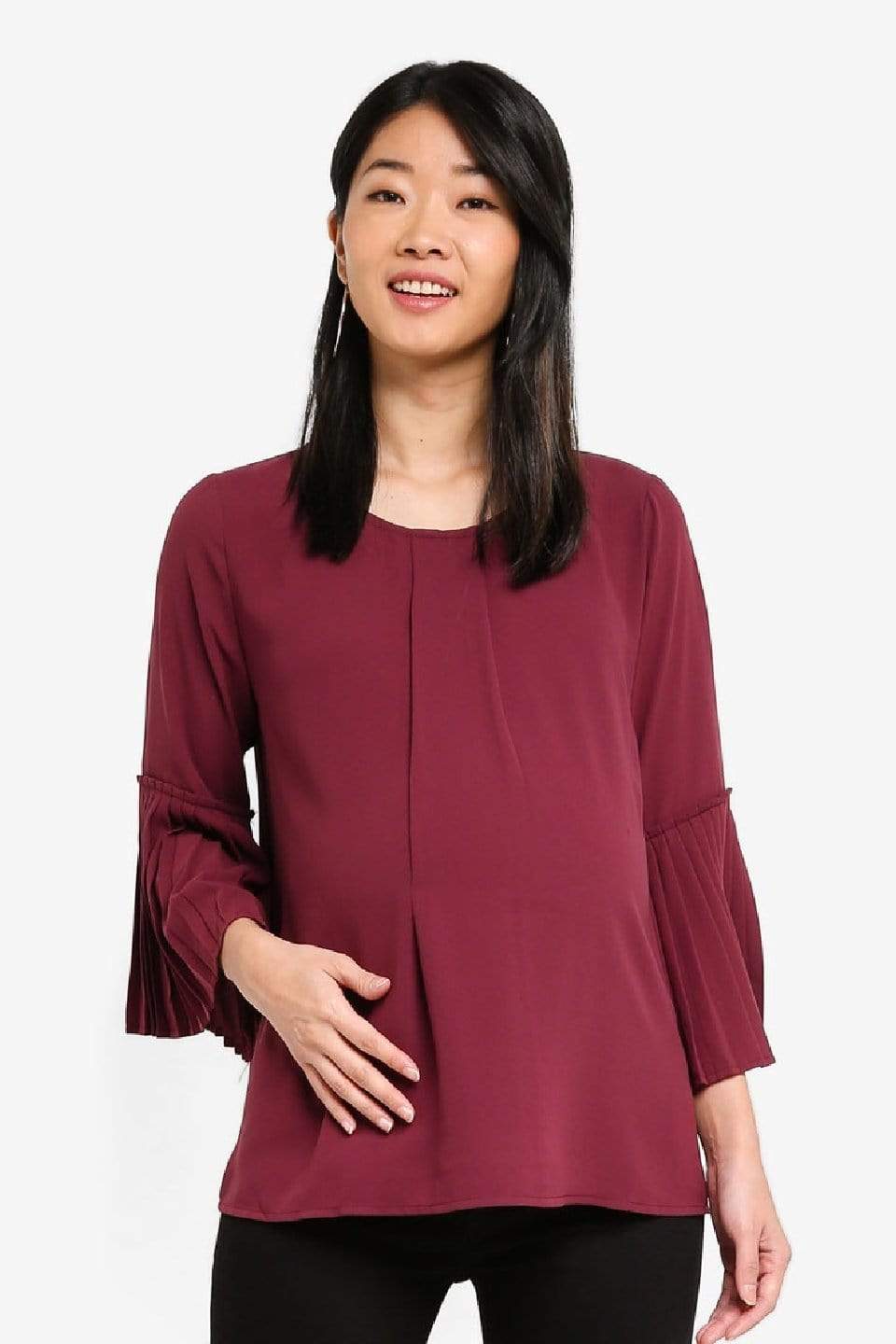 Pleated Long Sleeves Breena Nursing Top Maroon Maternity Tops Maternity Wear Tops BOVE