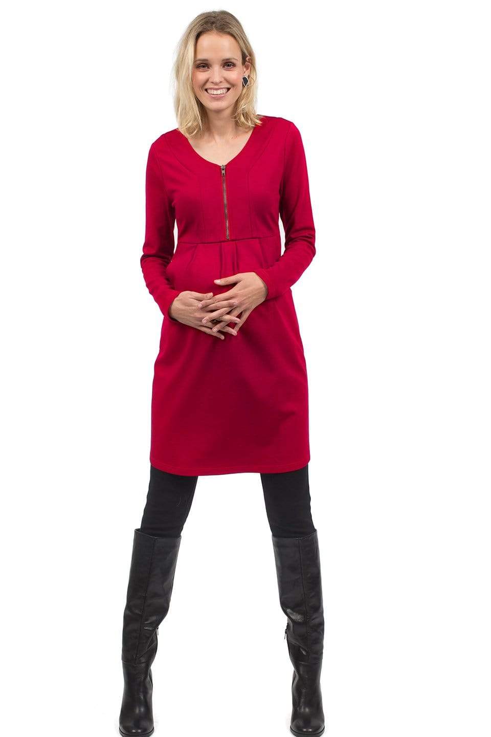 Spring Maternity's Bente Front Zip Nursing Dress Fuchsia Dresses