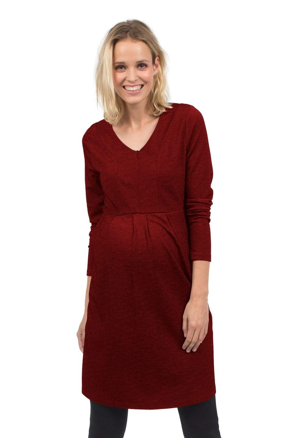 Spring Maternity's Bente Long Sleeve Bente V-Neck Nursing Dress Burgundy Dresses