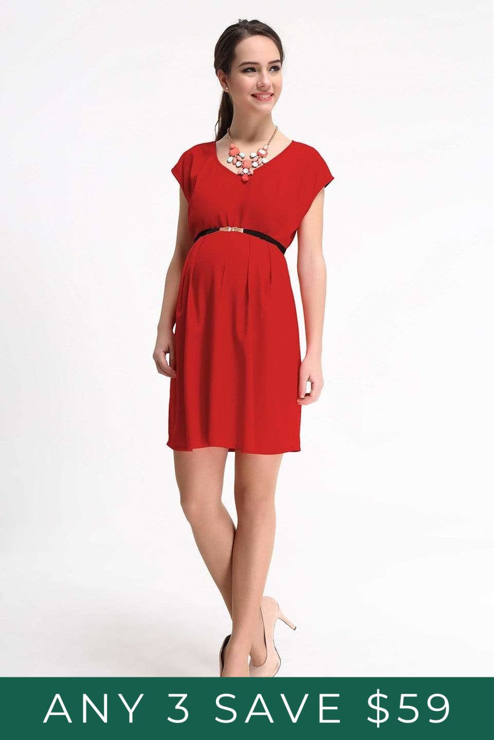 Spring Maternity's Erica Pleated V-Neck Red Nursing Dress Dresses