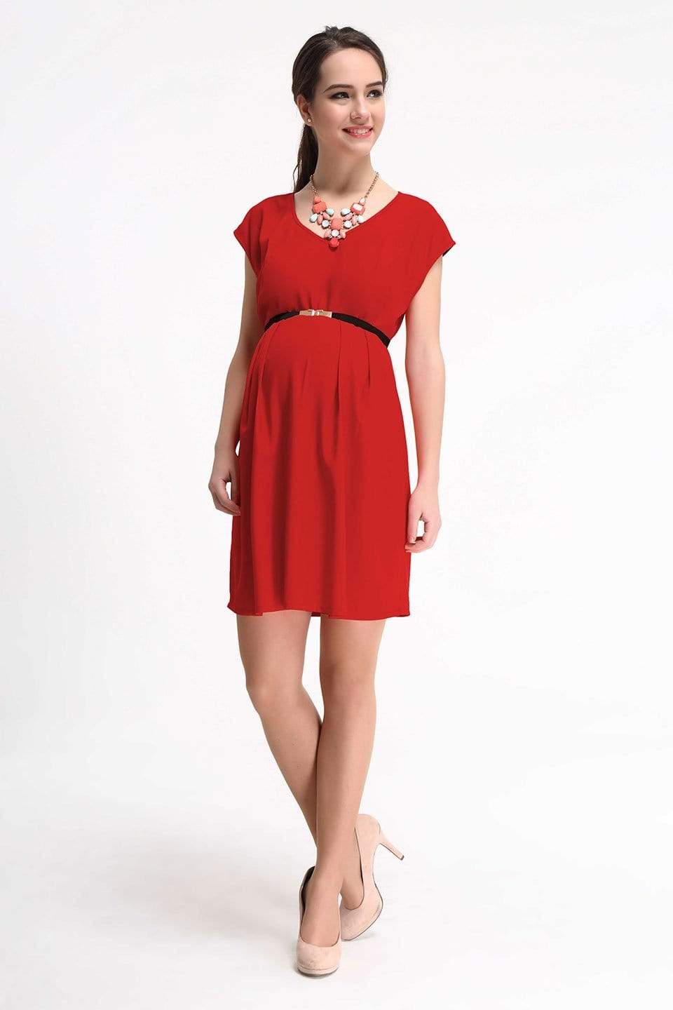 Spring Maternity's Erica Pleated V-Neck Red Nursing Dress Dresses