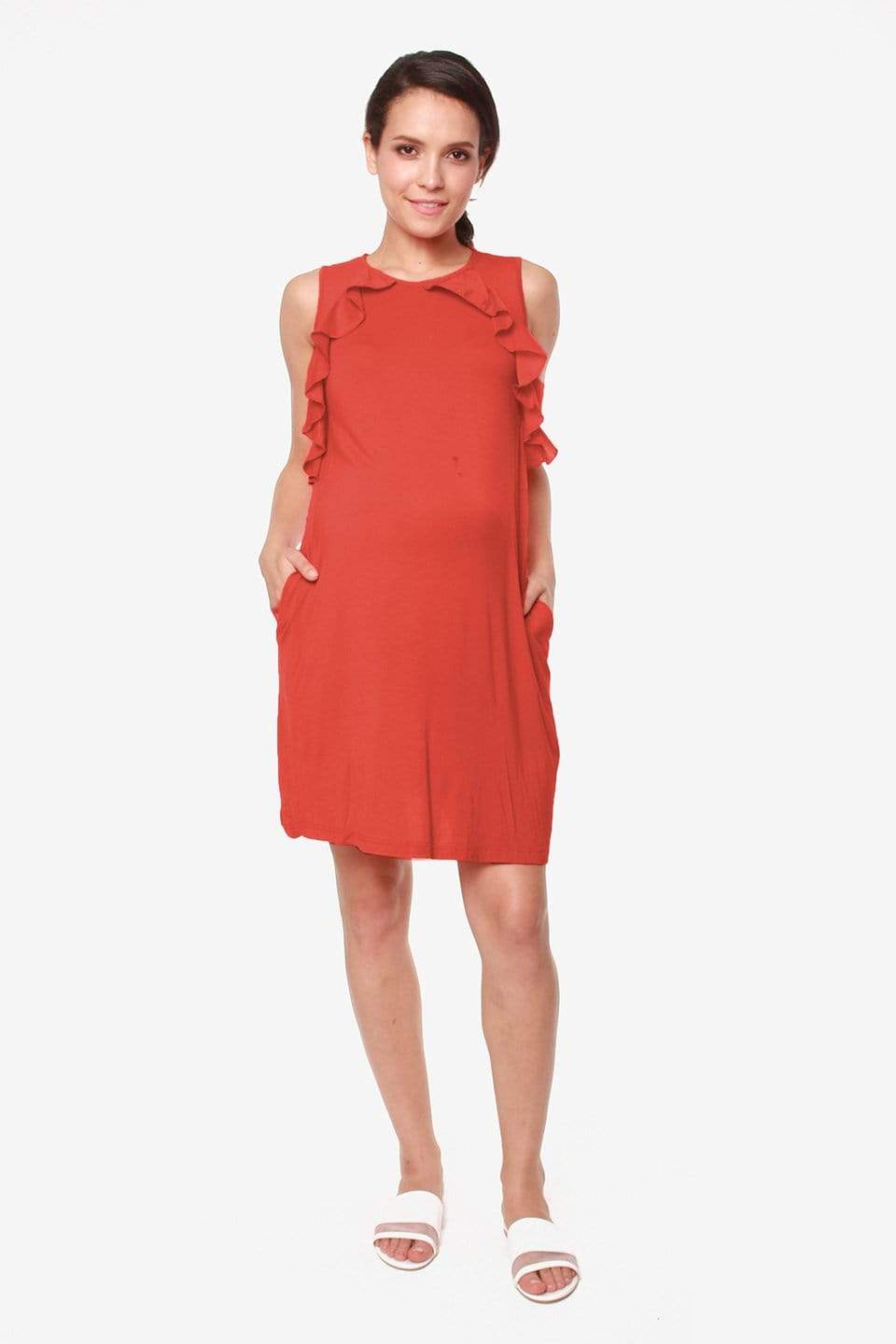 Spring Maternity's Sleeveless Calida Frills Bamboo Cotton Nursing Dress Dark Coral Dresses