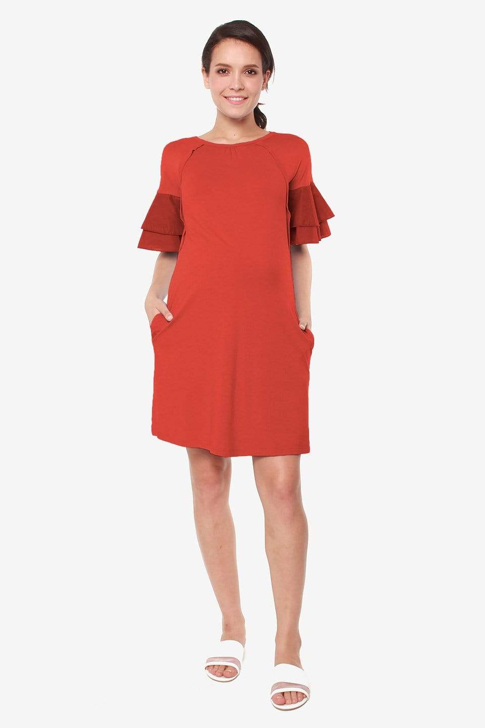 Spring Maternity's Flounce Sleeves Calissa Bamboo Cotton Nursing Dress Dark Coral Dresses