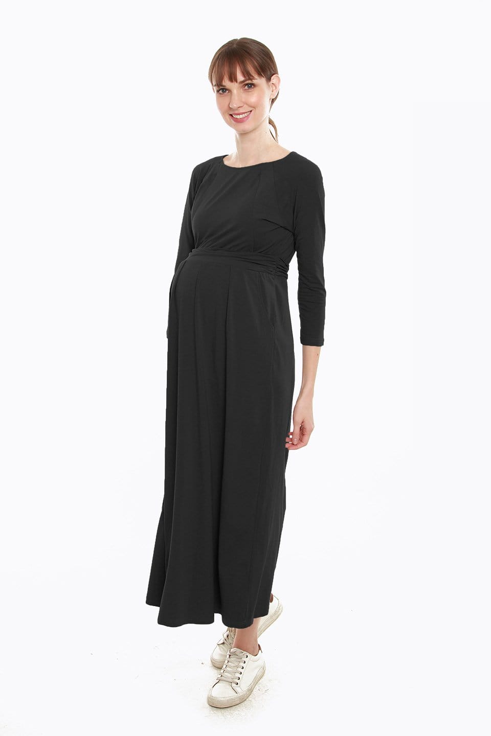 Spring Maternity's Daphne Long Sleeve Bamboo Cotton Nursing Dress Black Dresses