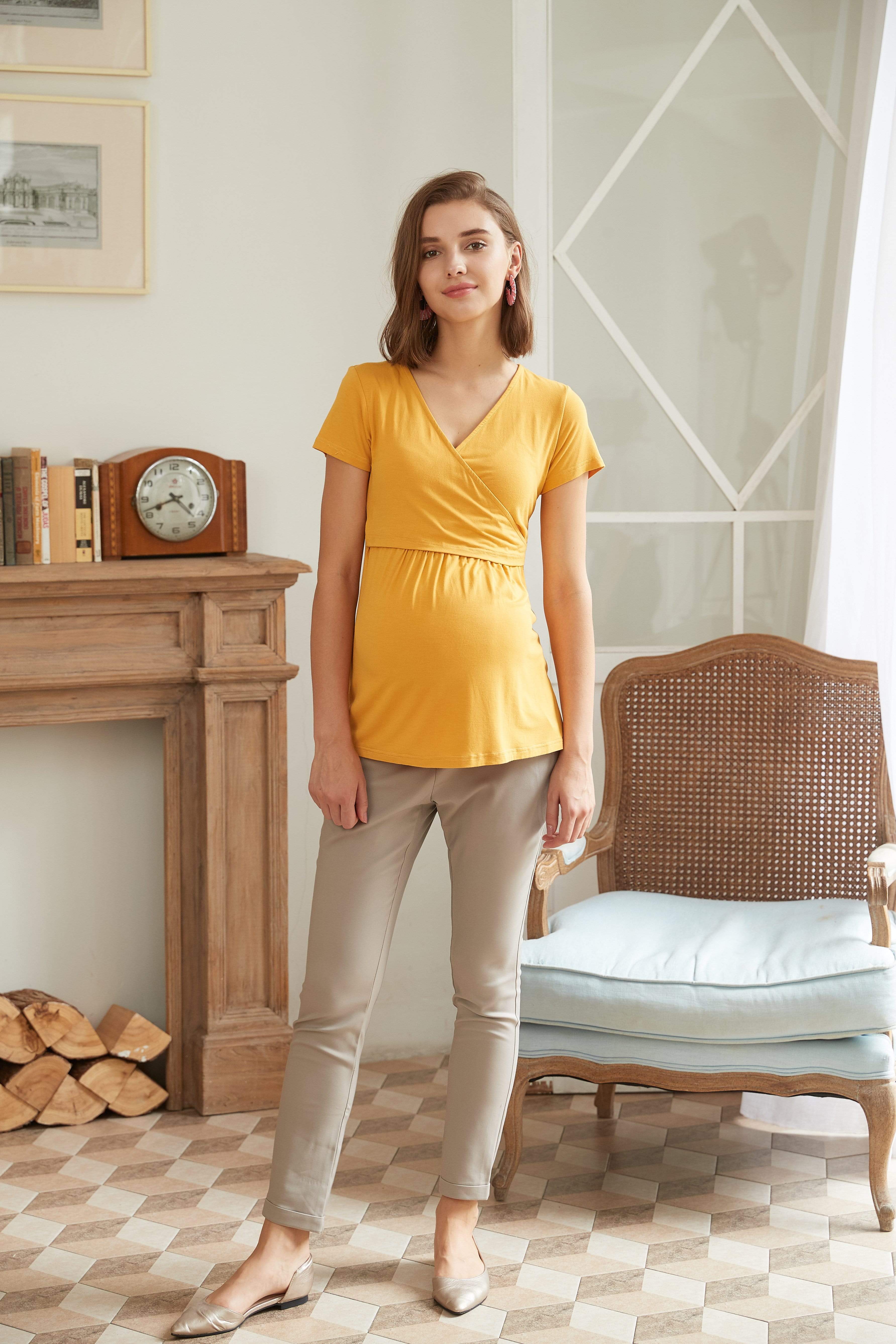 Denisha Bamboo Cotton Short Sleeve Nursing Top Marigold Maternity Tops Maternity Wear Tops Spring Maternity