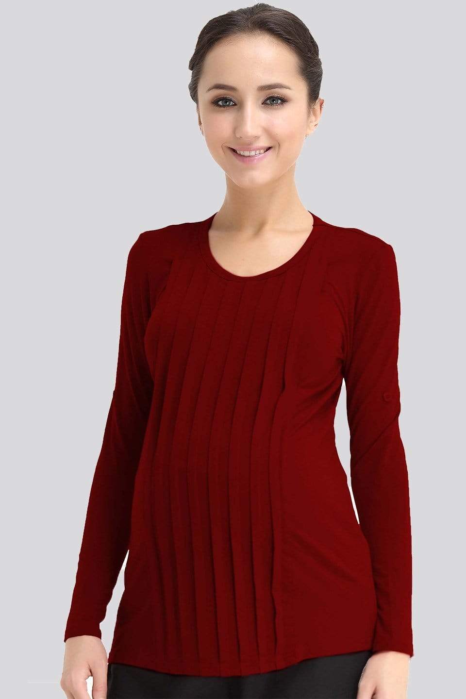 Long Sleeved Bamboo Cotton Venus Pleats Row Nursing Top Maroon Maternity Tops Maternity Wear Tops Spring Maternity